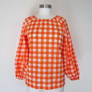 Vtg 70s Orange Gingham Long Sleeve Top / Western Cottagecore Retro Sz M/L
